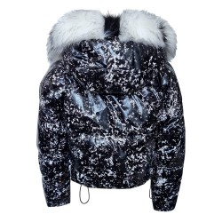 Дамско късо пухено яке с качулка, City Angels Jeans, Черно бял лак, 6848